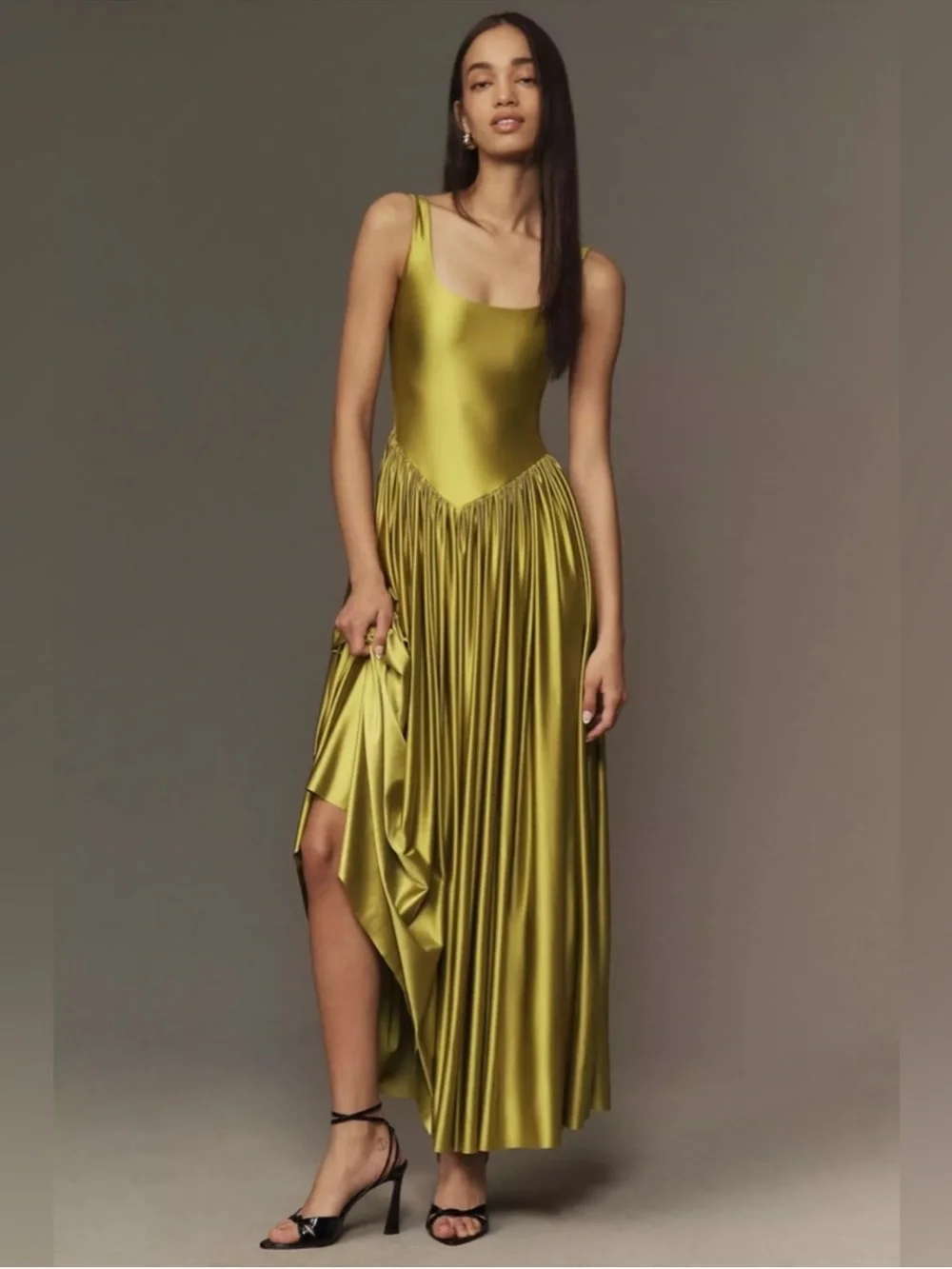 Delfi Collective Olive green Oriana satin basque waist maxi dress - Picture 1 of 10